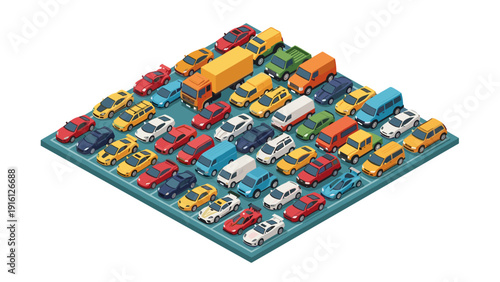 Vibrant isometric car collection on display in a multicolored patterned layout