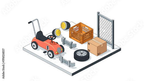 Isometric car parts with toy vehicle, crate, cardboard box, and tire on platform