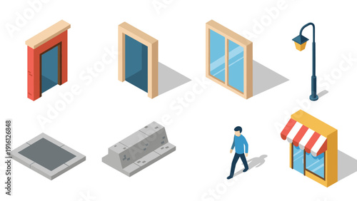 Isometric urban elements: doors, windows, street lamp, and pavement with walking person