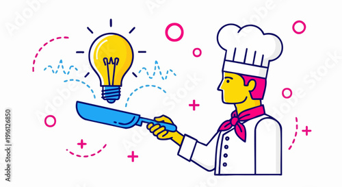 Chef holding a frying pan with a bright idea lightbulb above.