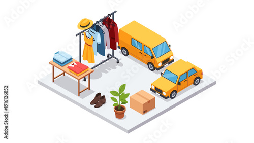 Isometric garage sale scene with clothes, cars, and accessories