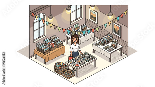 Cozy art gallery with frames and decorations in isometric style