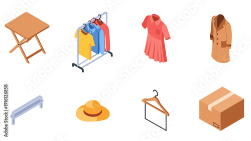 Isometric fashion and furniture icons including clothes on hangers and box on white background