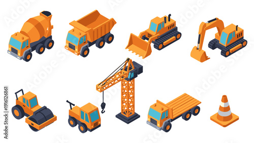 Isometric construction vehicles: mixers, dump trucks, cranes, and more