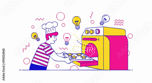 Chef placing freshly baked muffins into a yellow oven.