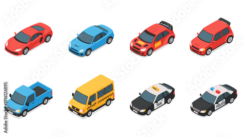 Isometric set of vehicles: sports, taxi, police, and more in vibrant colors