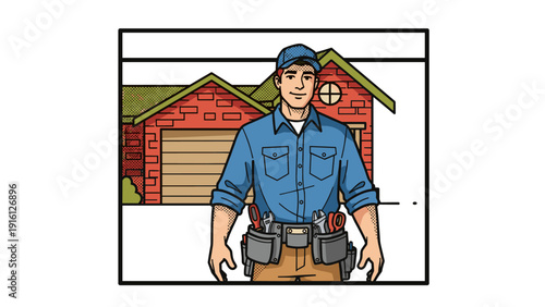 Retro style carpenter with tool belt in front of brick house