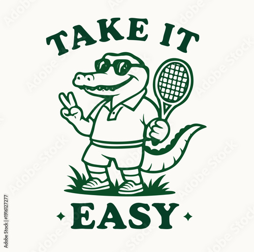 Cartoon illustration of a cool alligator character wearing sunglasses and a polo shirt holding a tennis racket while signaling peace and promoting a relaxed attitude for sports apparel design.