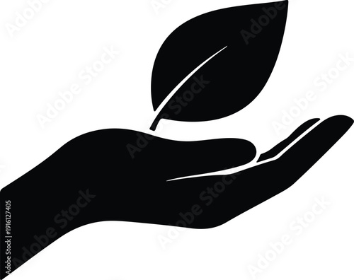 silhouette human hand gently cradling a fresh green leaf vector design