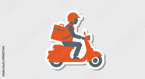 Delivery Person Riding Scooter with Orange Backpack.