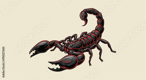 Detailed Illustration of a Dark Red Scorpion with Large Claws.