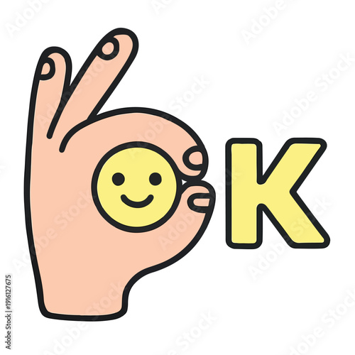 Cartoon hand gesture forming the ok sign with a cheerful yellow smiley face perfectly framed by the thumb and index finger next to a bold yellow letter k indicating approval.