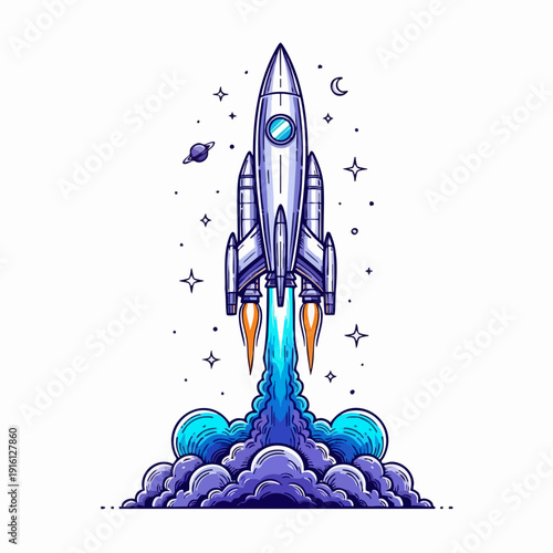 Detailed Illustration of a Rocket Launching into Space.