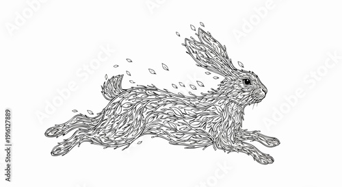 Detailed illustration of a running hare dissolving into small elements.