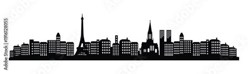 A vector illustration featuring the silhouette of Paris cityscape, including the Eiffel Tower and iconic cathedrals.