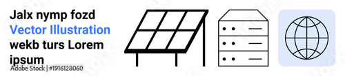 Renewable energy, technology infrastructure, global networks, data storage, innovation, sustainability. Features a solar panel, server stacks and a globe icon. Renewable energy and technology