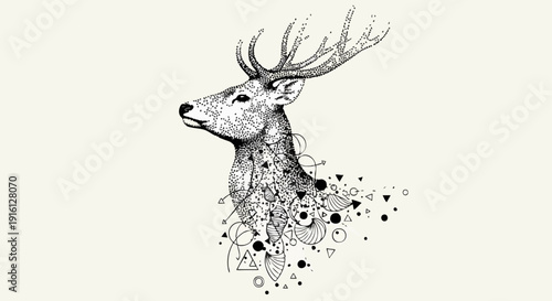 Detailed Stag Head Illustration with Abstract Geometric Elements.