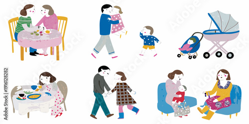 Illustrative scenes depicting family life with parents and children