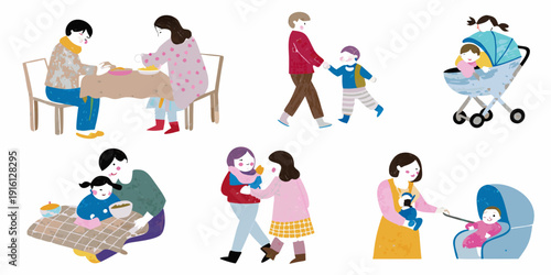 Illustration of diverse mothers and children in various everyday activities