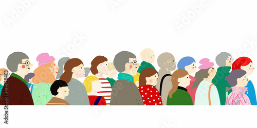 A diverse group of illustrated people standing in a horizontal line
