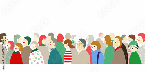 A diverse group of illustrated people stand closely together