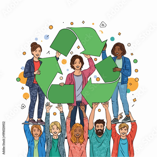 Diverse group of people holding recycling symbol.