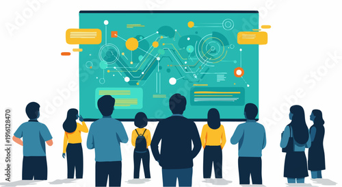 Diverse group of people observing a large digital screen displaying complex data visualizations and network diagrams, representing collaboration and technological advancement.