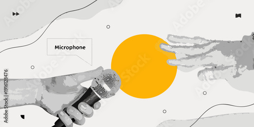 Hands reaching for a microphone with a vibrant yellow circle overlay