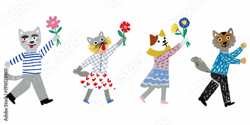 Anthropomorphic wolves and cats joyfully holding colorful spring flowers
