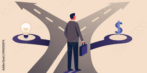 A businessman contemplates a fork in the road between creativity and wealth