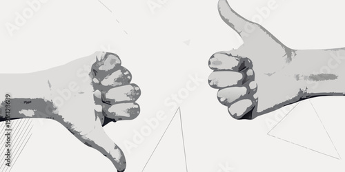 Two hands displaying opposing gestures thumbs up and thumbs down