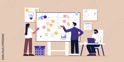 Team brainstorming and planning with sticky notes on a whiteboard