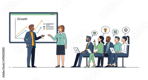 Business team discussing growth strategy on whiteboard in meeting room