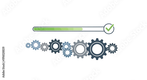 Vector illustration of a progress bar with a green checkmark and a series of interlocking gears in various shades of blue and gray, isolated on transparent background