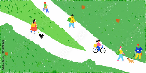 People enjoying a sunny day walking and cycling in a green park