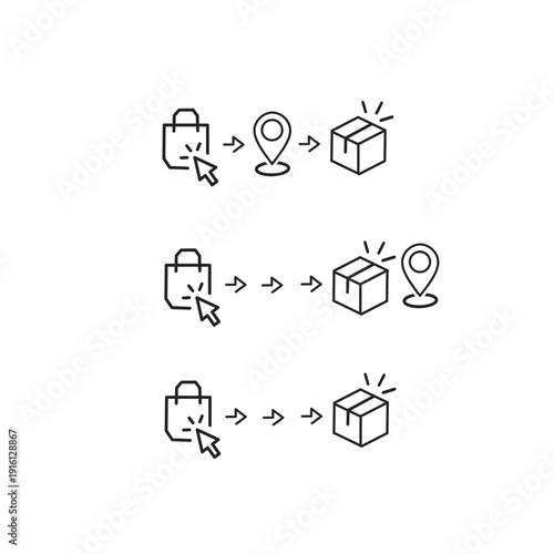 Minimalist black line icons showing the e-commerce delivery process. Sequential steps for online ordering, tracking, and parcel arrival at location.