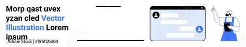 Digital communication, social media, customer service, technology, online chat, user interaction. A chat interface screen with user input and a person gesturing. Digital communication and social
