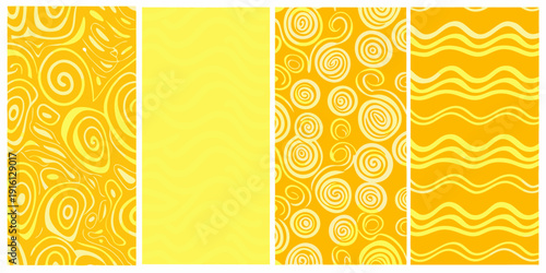 Four yellow panels displaying swirling and wavy abstract patterns
