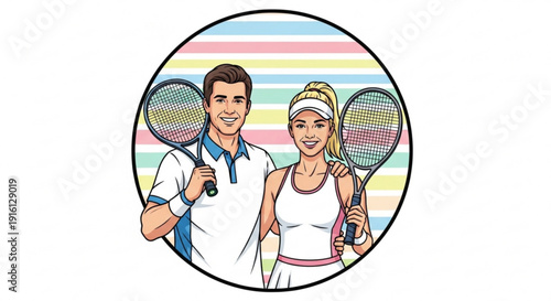 Smiling Tennis Couple Holding Rackets, Cartoon Style, Isolated on White Background