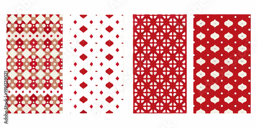 Four vertical textile patterns with diamond and geometric motifs