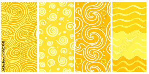 Four yellow patterned backgrounds with swirling and wavy designs