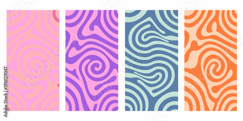 Four colorful vertical panels with swirling hypnotic abstract patterns