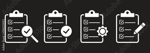 Clipboard with check mark different style icon set. Line, solid and filled outline colorful icon, vector sign and symbol. Checklist clipboard icon for grocery order, audit and task icon