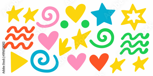 Colorful assortment of playful shapes and doodles on a white background