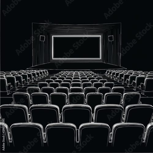 Empty Cinema Hall With Rows of Seats Facing Screen.