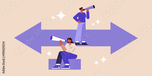 Two people facing opposite directions one looking through a telescope