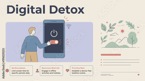Man turning off smartphone during digital detox for mental health concept, Infographic