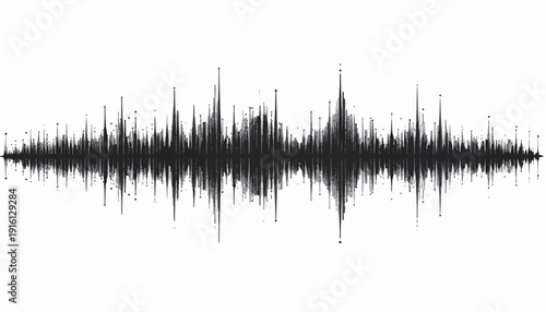 A black sound wave graph on a white background is viewed from directly ahead, illustrating sound patterns in a visual representation, showcasing waveforms and audio signals.