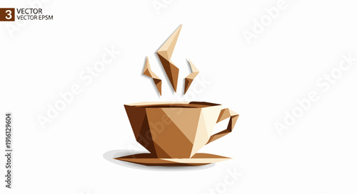 Geometric Coffee Cup with Steam Low Poly Style.