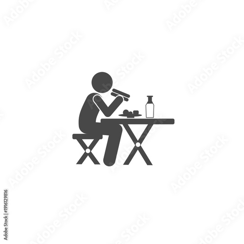 Minimalist vector stick figure icon of a person eating a meal at a table with a bottle. Modern symbol for breakfast, lunch, dinner, and nutrition.